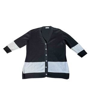 Womens Bordado Mesh Button-Front Cardigan Black White Open-Knit Colorblock Sze M